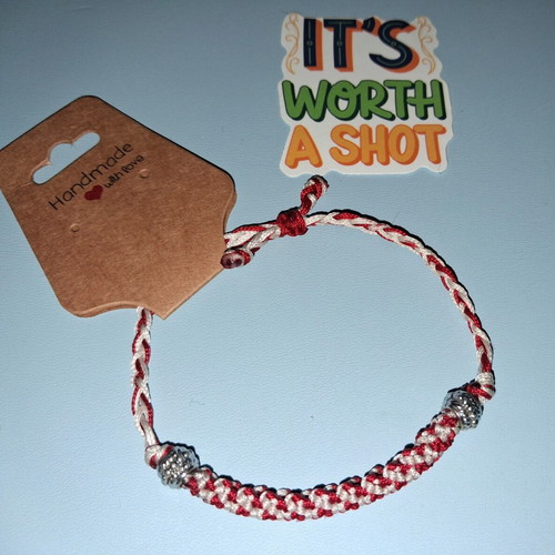 Handmade Macrame Martis Bracelet with Silver Beads, Red and White, New