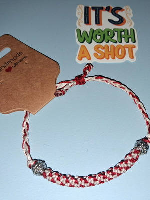 Handmade Macrame Martis Bracelet with Silver Beads, Red and White, New