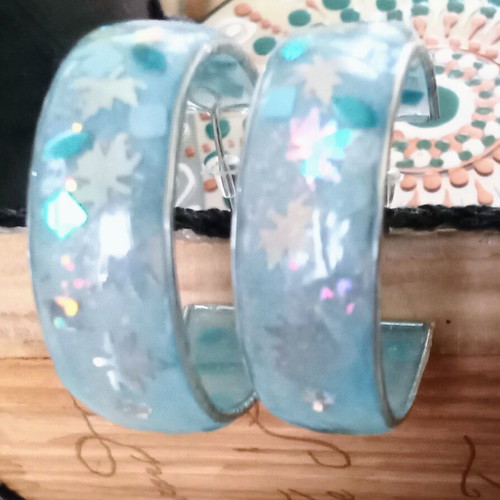Handmade blue earrings with iridescent leaves new