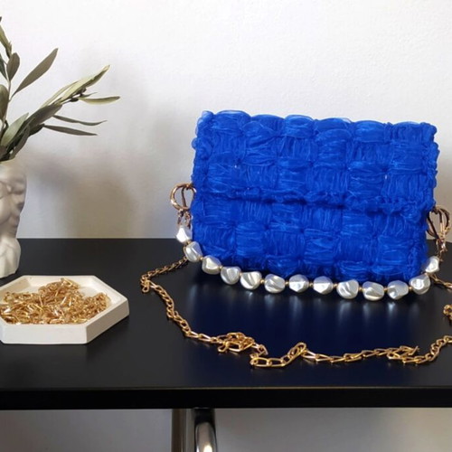 Organza Shoulder Bag new, royal blue with pearl handle and gold chain
