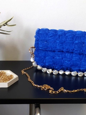 Organza Shoulder Bag new, royal blue with pearl handle and gold chain