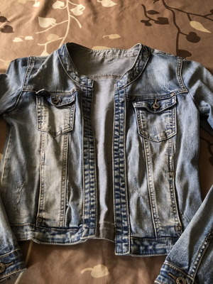 Women's denim jacket without collar, fitted model, light blue, size M