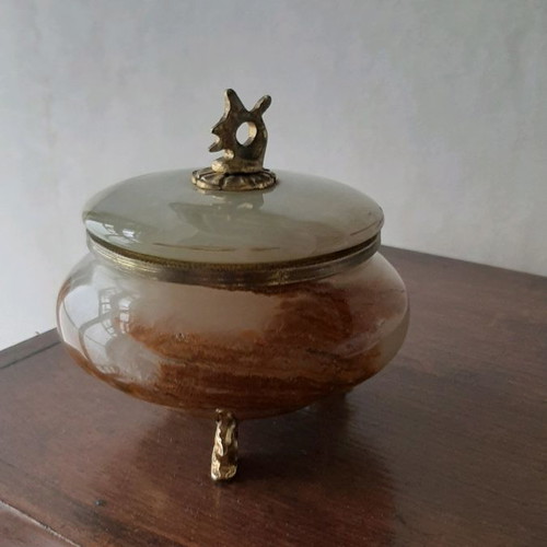 Decorative item used, green onyx with gold legs and handle