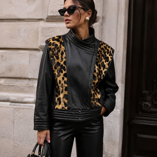 Luxury vintage leather jacket with leopard details like new