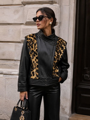 Luxury vintage leather jacket with leopard details like new