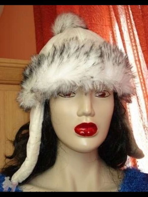 Winter hat with pompom and ears like new, white color