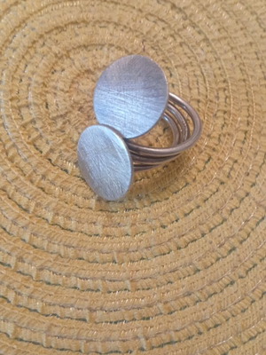 Modernist silver ring Bypass with double geometric discs new