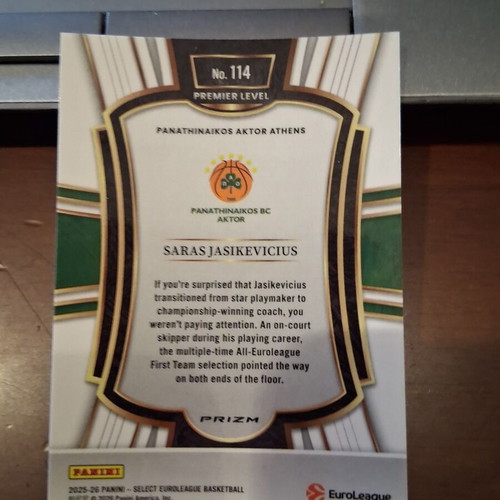 2025-26 Panini Select Euroleague Saras Jasikevicius Premier Blue Prizm card like new, PAO