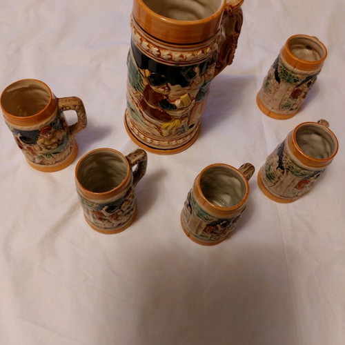 Faience pitcher and glasses set used, pitcher 19 cm, glasses 10 cm