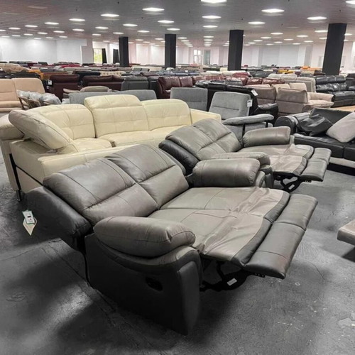 Two-tone gray leather Pluto sofas new with manual reclining mechanism set of two