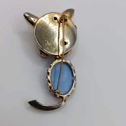 Vintage Jelly Belly Cat Brooch used, mid century 1960, gold with blue cabochon