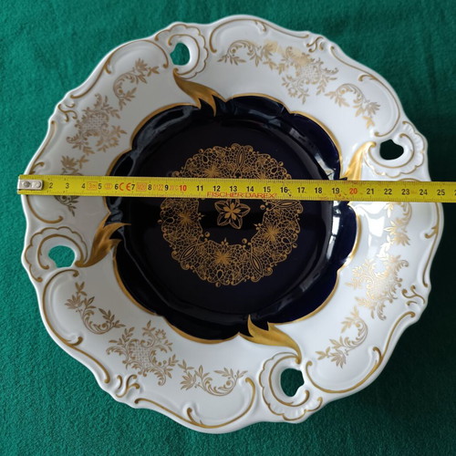 Weimar deep plate from German porcelain with blue cobalt and gold decoration like new