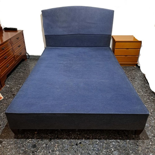 Semi-double bed with headboard 135x200 used, blue cotton fabric, beech frame