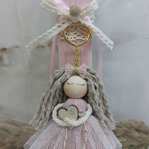 Scented candle with handmade macrame doll keychain new