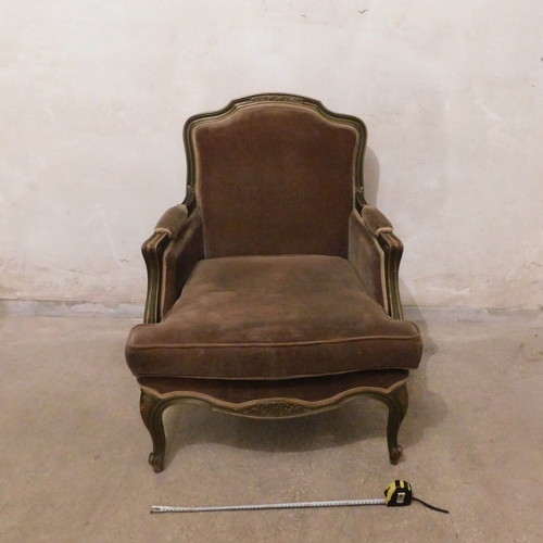 Wooden armchair vintage used with velvet upholstery