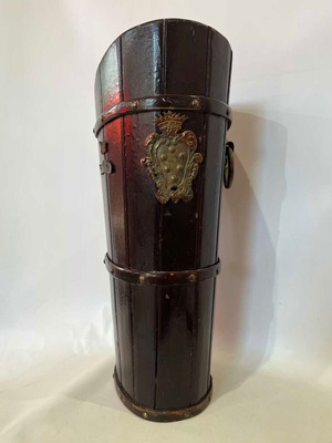 Vintage wooden barrel-shaped umbrella stand with brass coat of arms