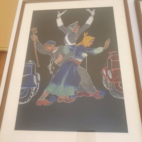 Vintage framed art with theatrical figures and wooden frame used