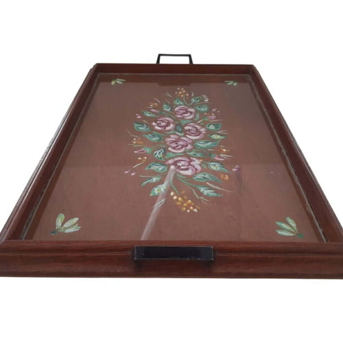 Wooden serving tray hand-painted with glass, used