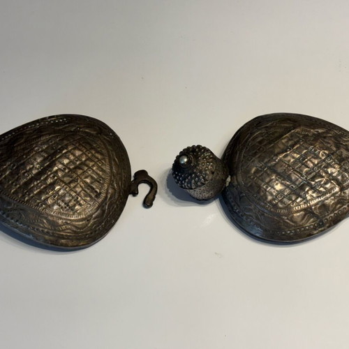 Traditional metal fibula used, handmade, old clothing clasp