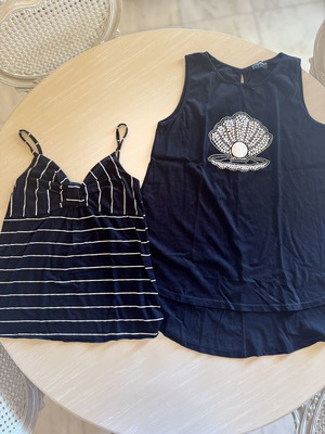 Set of 2 Black Sleeveless Tops like new, strass shell & striped tank