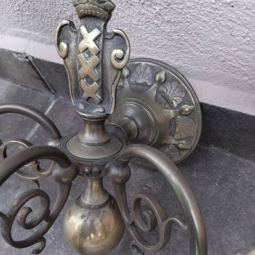 Vintage brass wall lights pair, three-light Amsterdam XXX design, used