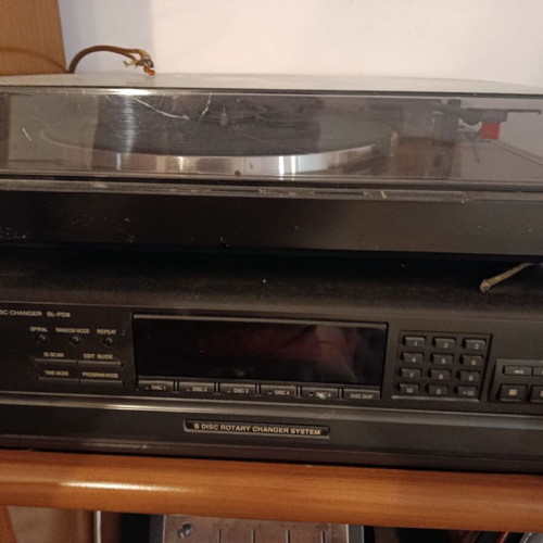 Hi Fi sound system with Technics multi CD player, Sony pick up, Denon amplifier, tuner, equalizer, and Sansui deck used