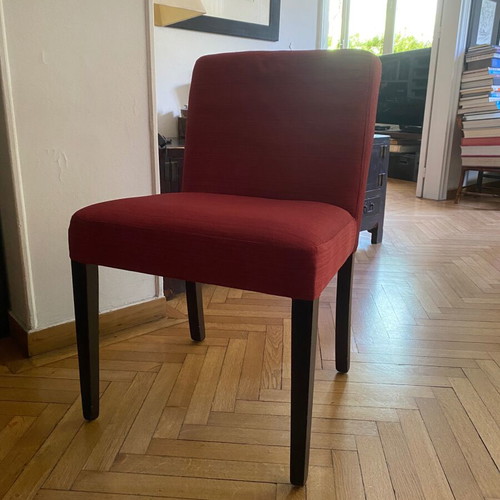 Dining chair used, wood with dark orange-red fabric