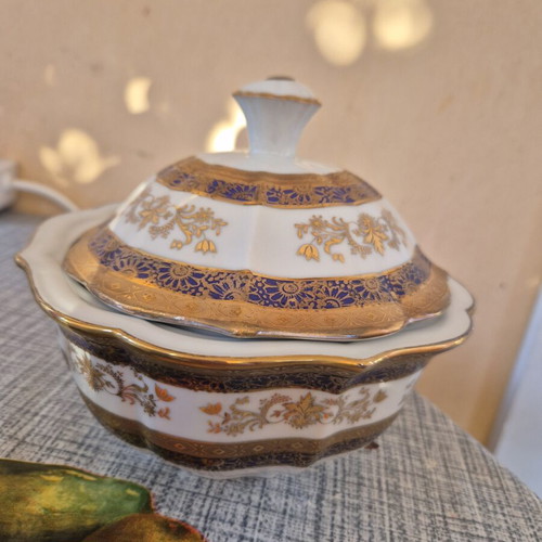 Vintage Limoges porcelain sugar bowl with 24K gold and cobalt blue