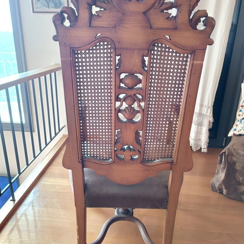 Vintage wooden armchair baroque style used, cane back, velvet seat