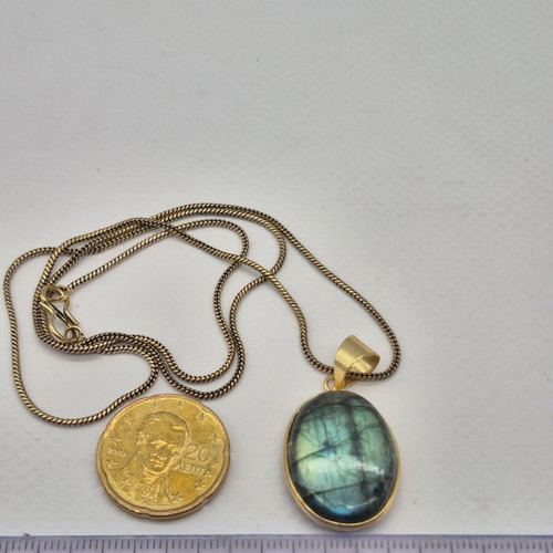 Labradorite Cabochon Brass Necklace with Oval Pendant
