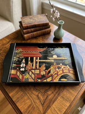 Wooden painted Chinese plate used, old