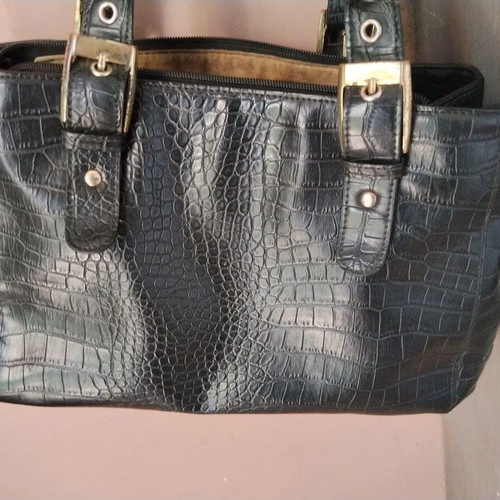 Vintage black women's shoulder bag with crocodile and snake texture, used