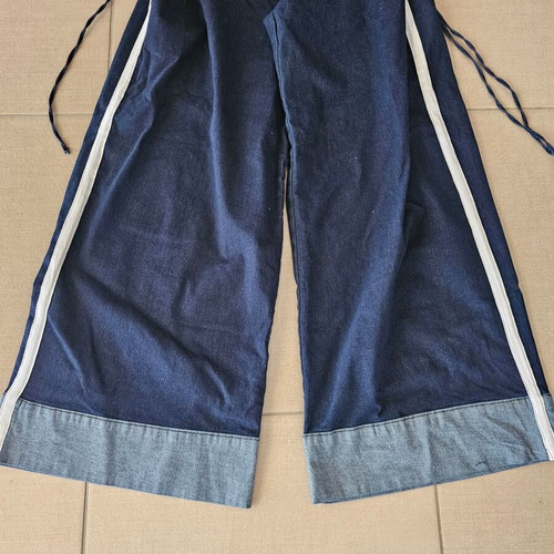 Meet to you Wide Leg Denim Jeans with Adjustable Waist, New, Blue