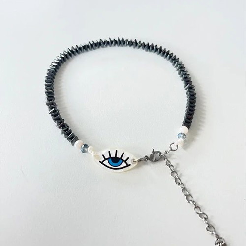 Handmade anklet bracelet with evil eye and hematite beads like new