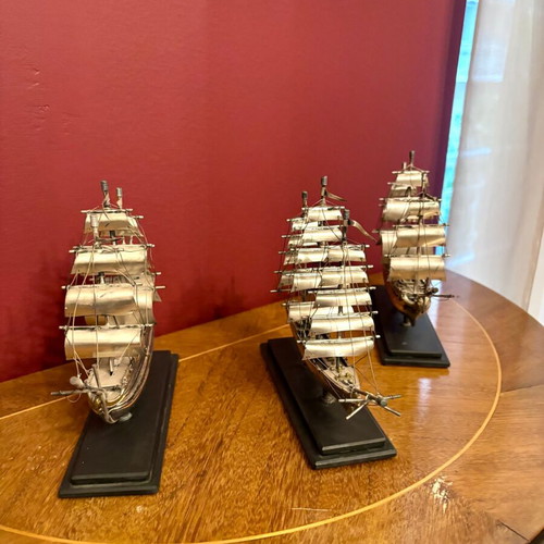Set of 3 metal sailing ships used, vintage captain's collection