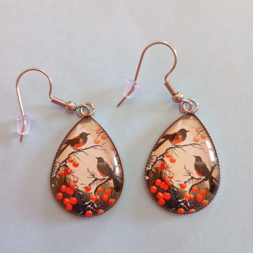 Teardrop earrings with birds new, multicolored and silver