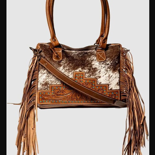 Vintage δερμάτινη τσάντα tote με κρόσια και μονό λουράκι crossbody