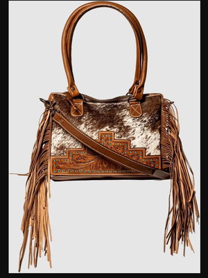 Vintage δερμάτινη τσάντα tote με κρόσια και μονό λουράκι crossbody