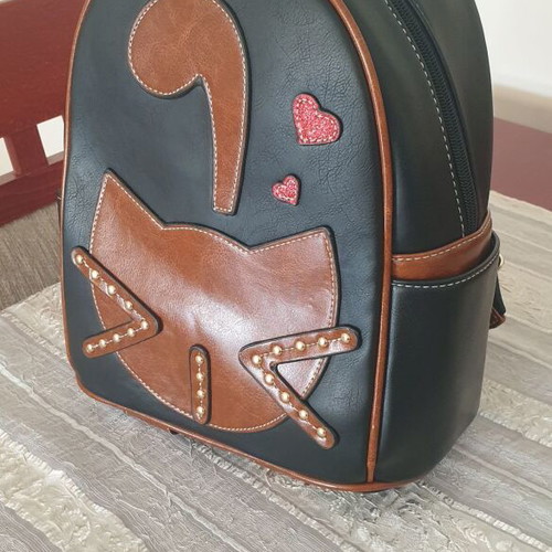 Sammao leather backpack with cat design, brown and black