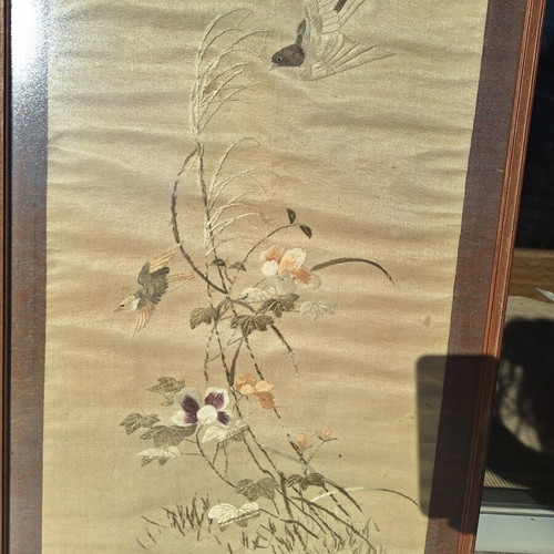 Japanese silk embroidery with birds and flowers, framed 102×47