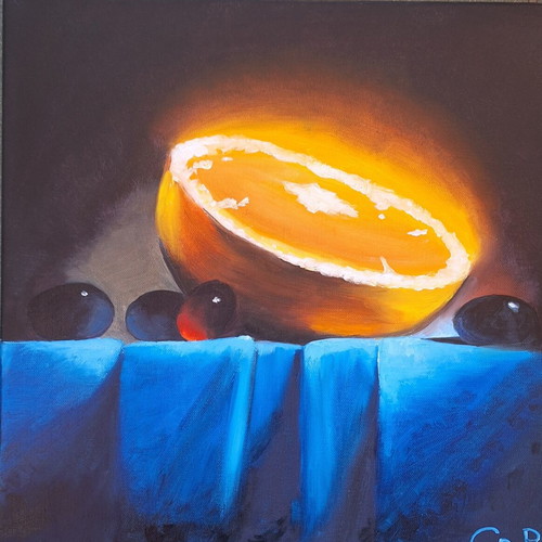 Orange oil painting on canvas 40x40 cm new, inspired by David Cheifetz