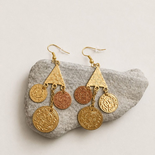 Traditional earrings with gold-tone coins, new
