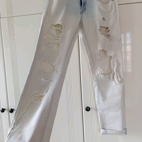 Jeans used with rips in straight leg, XS, white turquoise