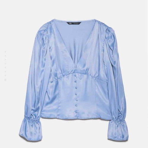Zara satin blouse blue with puff sleeves, like new