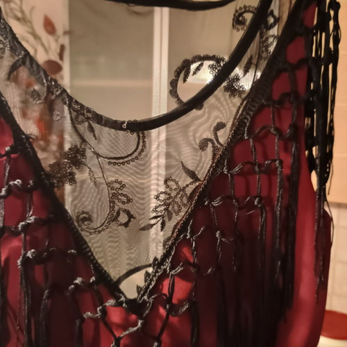 Midi dress for special occasions like new, burgundy with lace and fringes