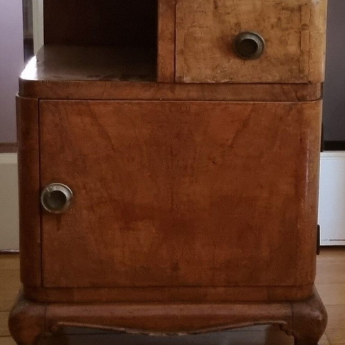 Vintage Art Deco nightstands used, walnut veneer, set of two