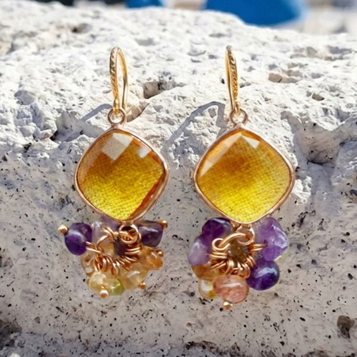 18K Gold Plated Earrings with Amethyst and Citrine, Length 4.5 cm