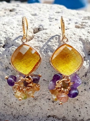 18K Gold Plated Earrings with Amethyst and Citrine, Length 4.5 cm