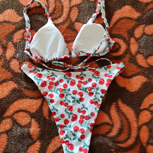High-waisted swimsuit L with cherries like new, white and red