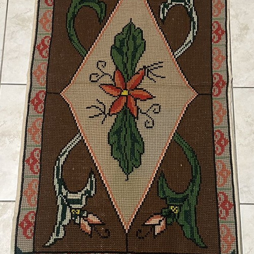 Vintage handmade traditional cross-stitch rug used, 117x53cm